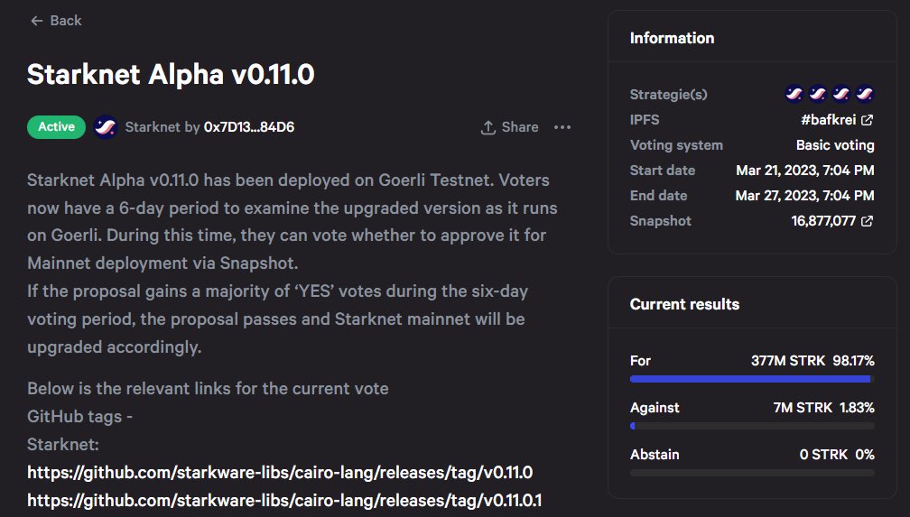 İTÜ Blockchain olarak delegasyon süreçlerimizi şeffaf yöneteceğimizi duyurmuştuk, bundan dolayı Starknet forumunda sunulan Starknet'in Goerli test ağında çalışan Alpha v0.11.0'ın ana ağa deploy edilmesi önerisini neden desteklediğimizi açıklamak istiyoruz.