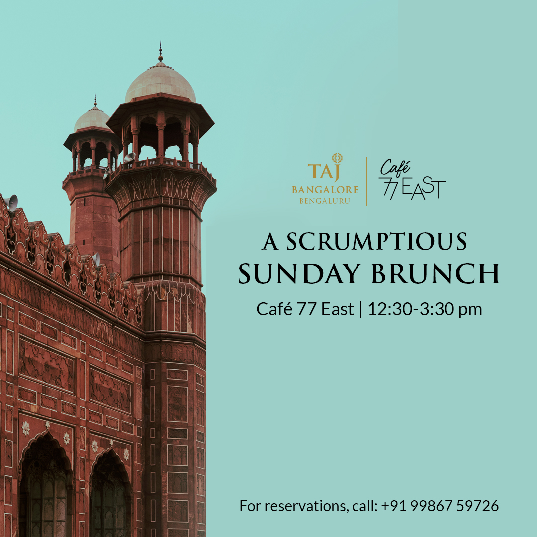Our Sunday brunch is a culinary extravaganza of succulent, flavoured delicacies straight from the streets of Peshawar and Sindh. 
Tantalise your tastebuds - at Café 77 East.

To book a table, call: +91 99867 59726/ +91 79755 06419

#TajBangalore  #Café77East #SundayBrunch
