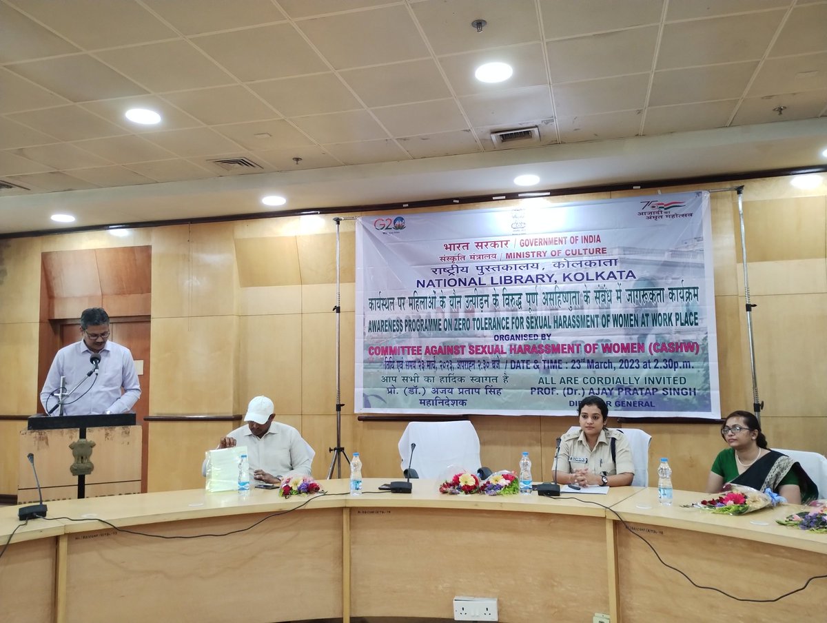 NationalLib_GoI's tweet photo. [1/2]On March23 @NationalLib_GoI organised an Awareness Programme on Zero Tolerance for Sexual Harrasment of Women at Work Place. DG, PLIO &amp; other officials of NL were present at that programme. Bidisha Kalita Dasgupta,IPS,DCP(South Suburban Div,Kol) was the chief guest of honour https://t.co/d7VKJyyZNT