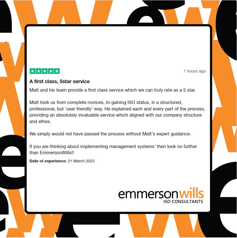At EmmersonWills, we make a big effort to provide great service for every client.
Another happy client giving us a great review on Trustpilot
⭐ ⭐ ⭐ ⭐ ⭐

#review #5starreview #customersatisfaction #iso9001 #iso45001 #iso14001 #consultants #firstclassservice
