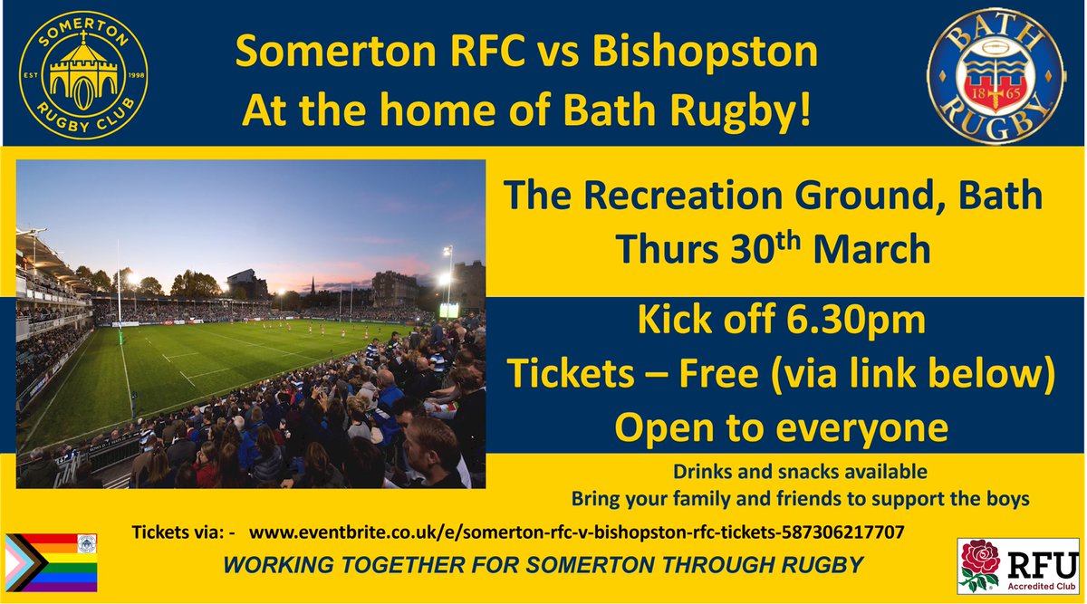 somertonrfc's tweet image. Somerton are playing at the home of Bath rugby!  Free to everyone.  Come along and support!  See link for tickets.  💙💛🏉💪

eventbrite.co.uk/e/somerton-rfc…