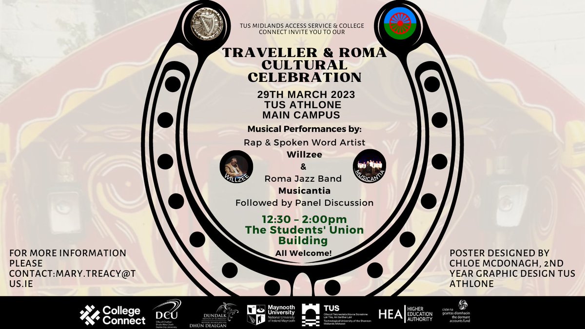Don't miss musical performances from Willzee and Musicantia during our:
'Traveller and Roma Cultural Celebration' 
In partnership with @TUS_Athlone_ Access Service next Wednesday

March 29
12:30-2pm
@TUS_SU_ Athlone Building

#TravellerCulture #RomaCulture
#Visibility
