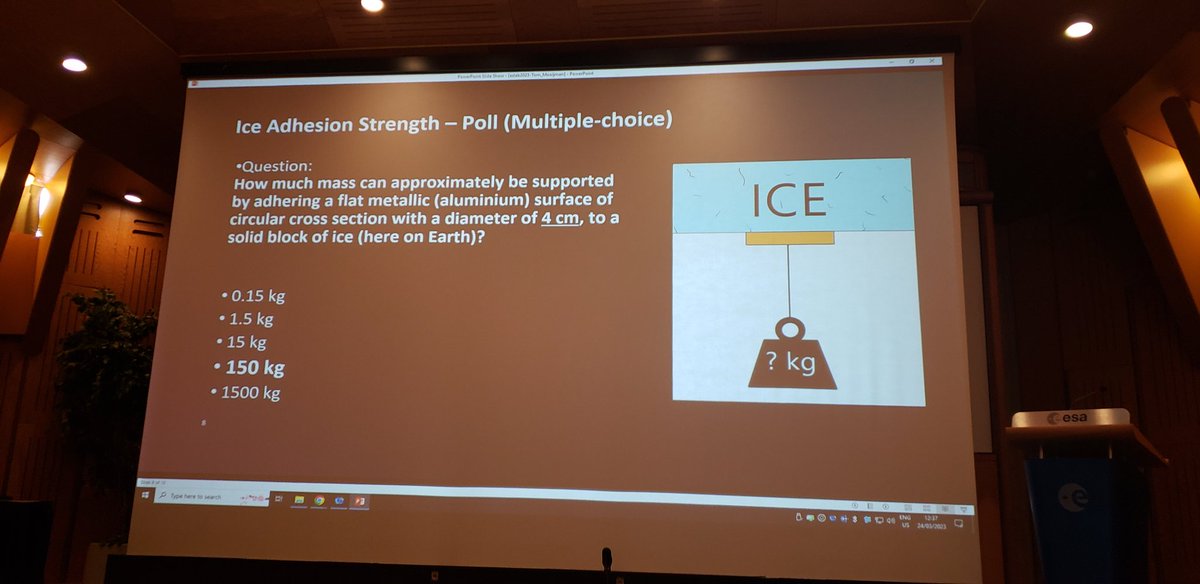 NienkeMarel's tweet photo. Quiz time by Tom Mooijman in the final talk of the conference, demonstrating how strong ice actually is! 🤯 #ESLAB2023 https://t.co/Ntlfl3837v