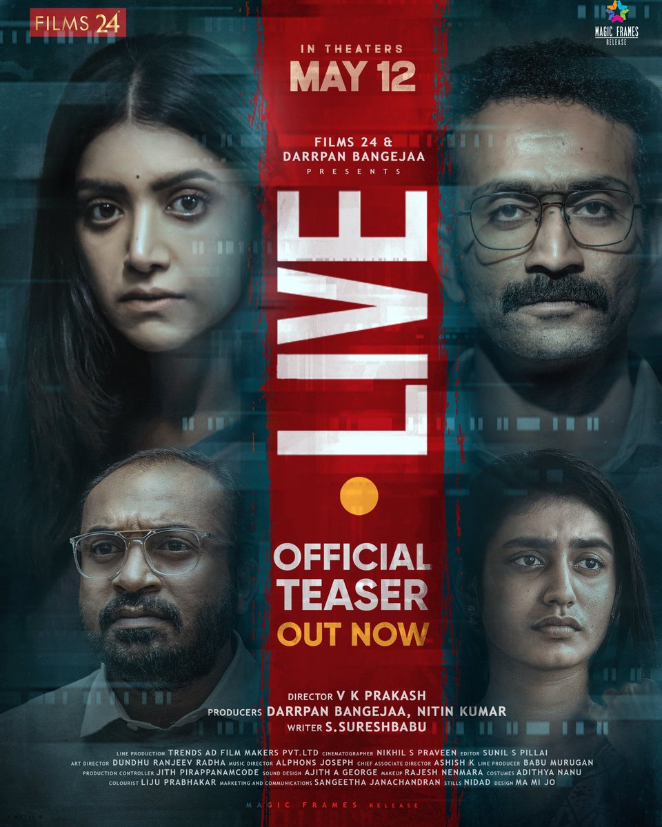 MAMTA MOHANDAS - SOUBIN SHAHIR - SHINE TOM CHACKO - PRIYA VARRIER: ‘LIVE’ TEASER LAUNCHED… Teaser of #Malayalam film #LIVE - a social-thriller directed by #VKPrakash and written by #SSureshBabu - unveils… In *cinemas* 12 May 2023… #LIVETeaser: youtu.be/1bNRZmMbDYI
