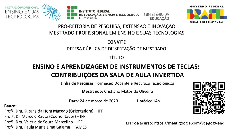 mpet_iff's tweet photo. Defesa de Cristiano Matos de Oliveira com o tema:
Ensino e aprendizagem de Instrumentos de teclas.
24/março/2023 às 14h https://t.co/cynC0mJD9n