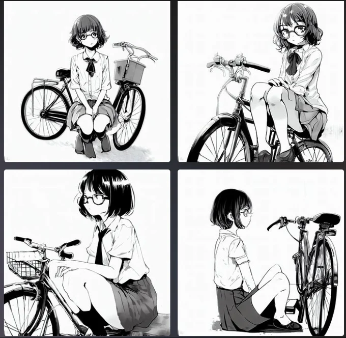 どうにかしてAIに足を映さないようにする方向へ行く。こういった場合は顔に注目させるよう指定すれば足が切れる筈なので「眼鏡」を指定に追加。ようやく自転車から降りてくれるようになったが、まぁ怪しい構図が多い(雰囲気はすきだよ) 
