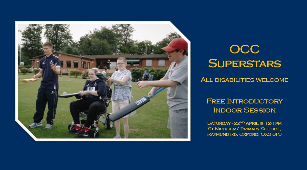 🙌🏏⭐️

Sign up for our new Disability Cricket sessions starting 22nd April.

oxfordcricketclub.com/a/disability-c…

#occsuperstars
#bethedifference
#cricketis4everyone
<a href="/OxonDisCric/">Oxfordshire & Lords Taverners Disability Cricket</a>