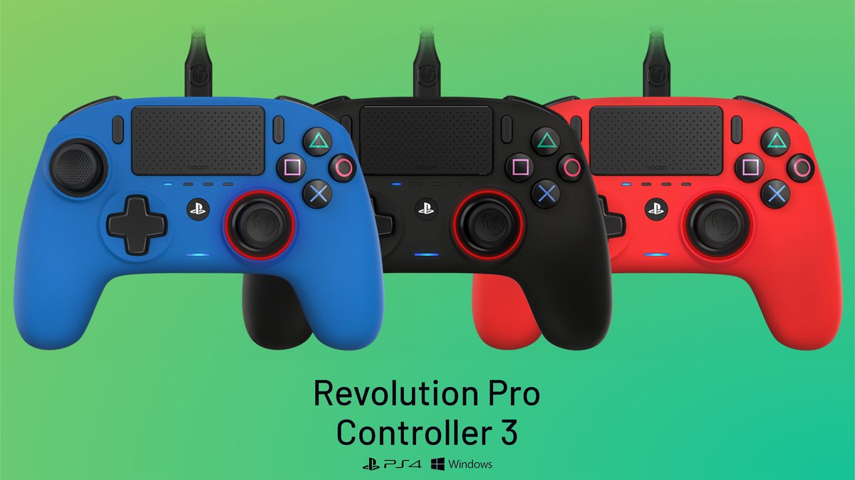 NaconFR's tweet photo. La manette Revolution Pro Controller 3 Nacon est disponible en trois coloris différents, parfait pour mettre un peu de couleur dans tes sessions gaming !😍
👉 https://t.co/XoDVFEU1cJ
#RevealYourSkills #RPC3 #PS4 #PC https://t.co/w08ZQmgNyl