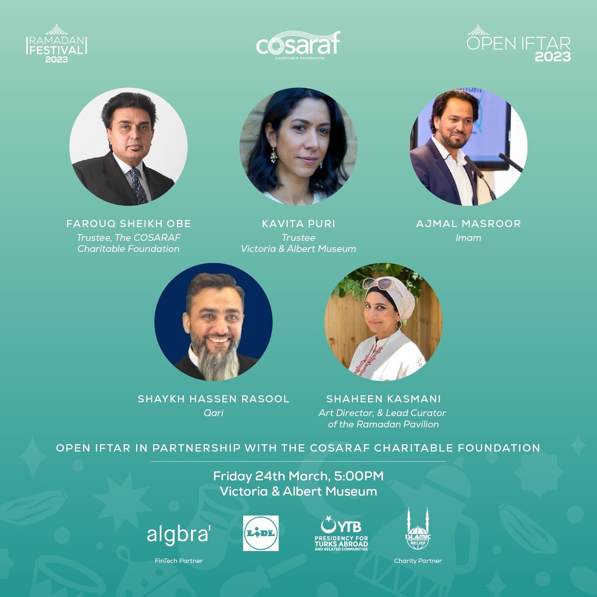 We are very excited to be hosting our first London #OpenIftar of #Ramadan2023 at @vamuseum  We will hear from our amazing speakers

@AjmalMasroor, @kavpuri, Farouq Sheikh @COSARAF, @HassenRasool and the Phenomenal Lead curator of #RamadanPavilion Shaheen Kasmani

#Ramadanfestival