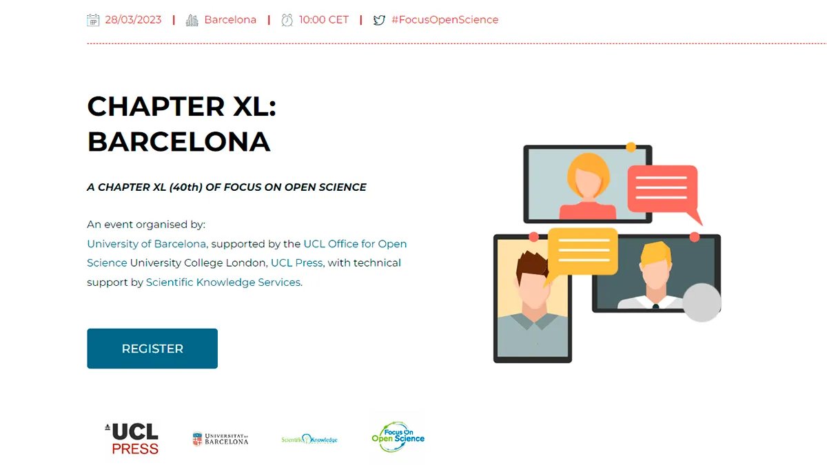 bibliotecnica's tweet photo. Chapter XL of #FocusOpenScience organised by @UniBarcelona with the support of @ucl
🗓️28 de març
⌚️10h
🔗Registre: https://t.co/oNDM7BsmlW https://t.co/MFnREP1nm5