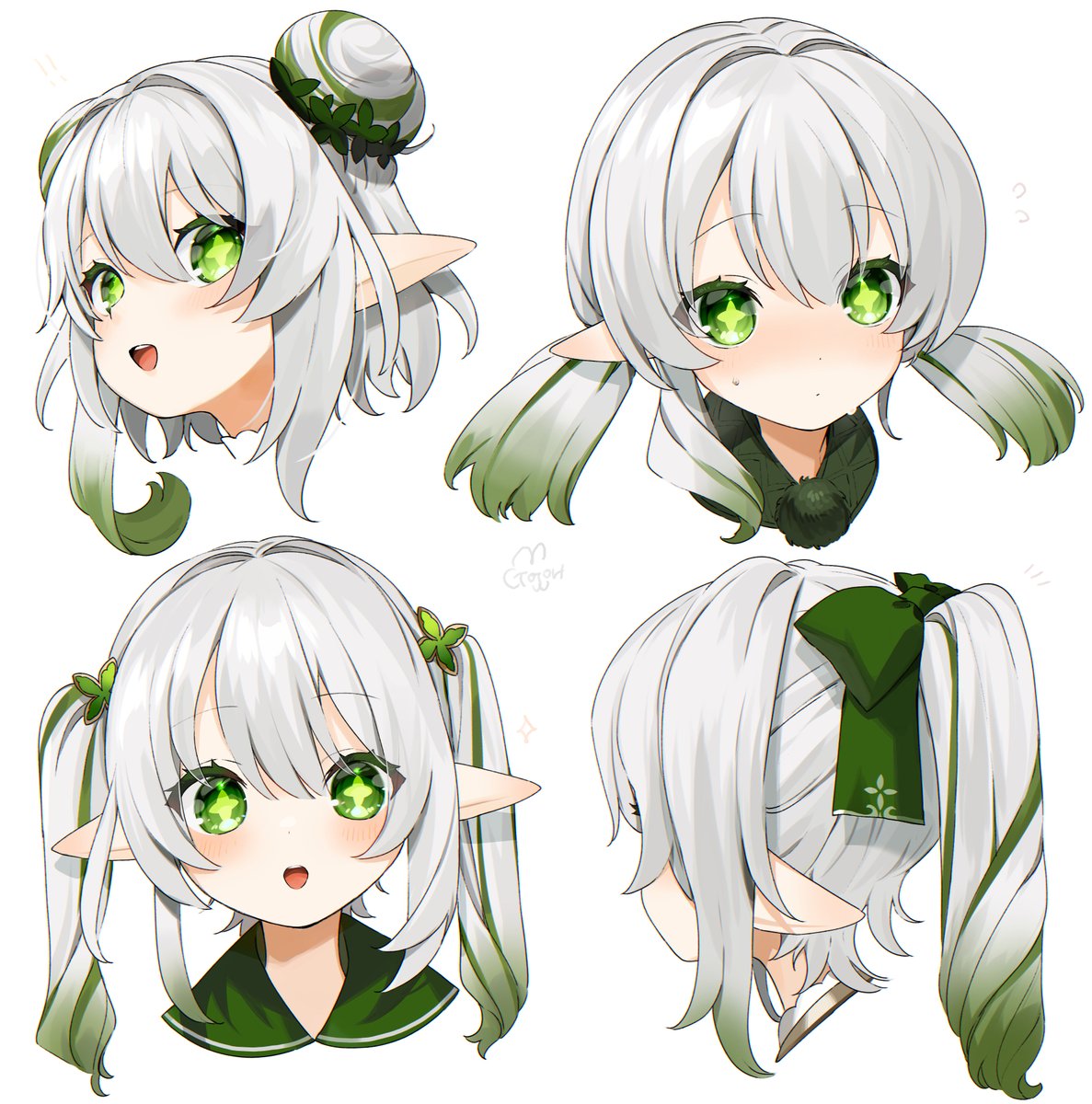 nahida (genshin impact) 1girl side ponytail multiple views alternate hairstyle pointy ears hair bun twintails  illustration images