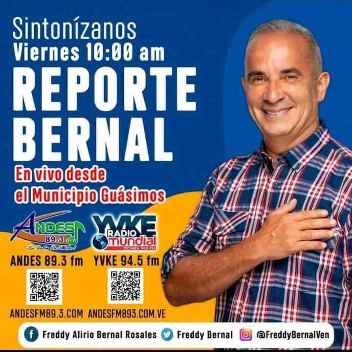 CARLOSTROMPIZ's tweet image. 🔴#Hoy 📻 
 #Viernes #24Mar no te puedes perder a partir de las 10:00 am el programa de radio #ReporteBernal transmitido por @yvke_mundial tachira94.5 FM y @andesfm893 📻  en #Vivo desde el mcpio. #Guásimos 
🔴También puede escuchar a  @freddybernalven  escaneando el código QR 📻