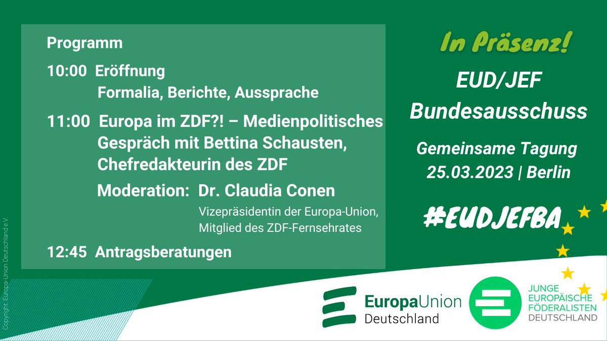 Am 25.3. findet in #Berlin der erste gemeinsame Präsenz-Bundesausschuss von EUD &amp; <a href="/JEF_de/">@jef-deutschland.bsky.social</a> seit der Pandemie statt. Wir sprechen mit ZDF-Intendantin <a href="/schausten/">Bettina Schausten</a> über "Europa im ZDF" und beraten über #Generationengerechtigkeit, #Ukraine, #Iran, #Migrationspolitik u.v.m.
#EUDJEFBA