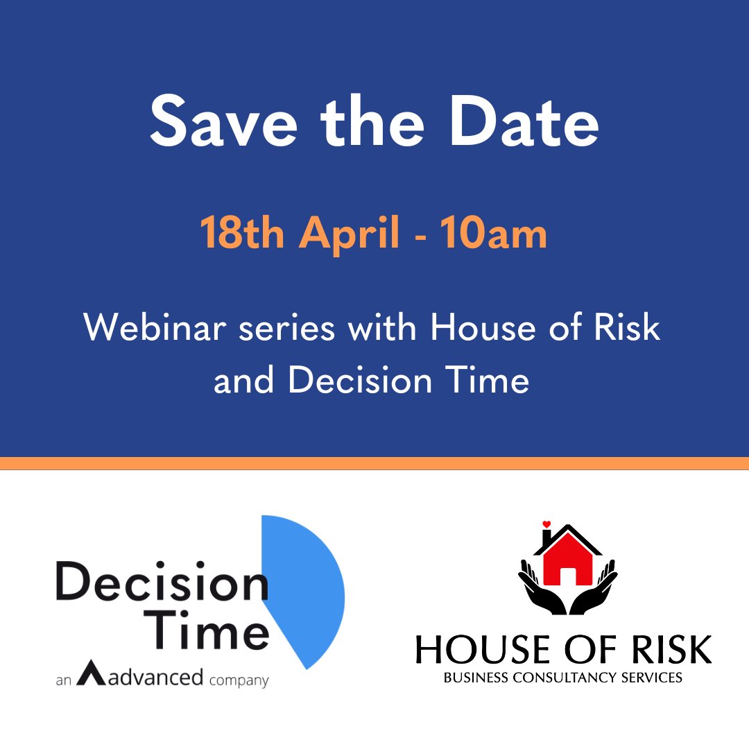 DecisionTime's tweet image. Save the date for our new webinar series in partnership with House of Risk on 18th April at 10am.

This series will run over the year and focus on topics about corporate assurance, governance and risk management in the housing sector. 

#webinar #governance #housingsector