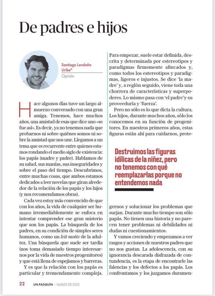 slondonouribe's tweet image. Cada vez estoy más convencido de que con los años, la vida de cualquier ser humano irremediablemente se enfoca en intentar comprender ese gran misterio que son los papás. Va mi columna en @UnPasquin