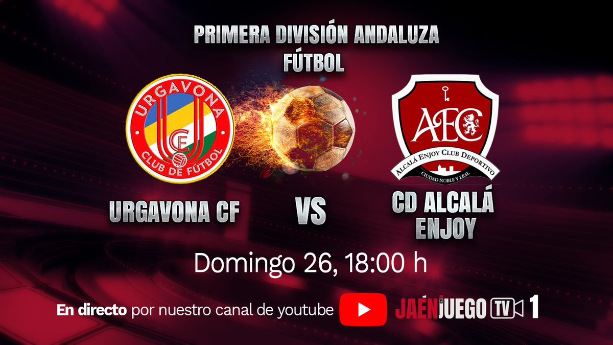 📺RETRANSMISIÓN ‼

⚽Y EN JAENENJUEGO 1 , la lucha por la salvación en 1ª Andaluza ‼

➡️Este domingo, a partir de las 17:50 horas, dos equipos que buscan la permanencia frente a frente: @urgavonaoficial - <a href="/cdalcalaenjoy/">C.D. Alcalá Enjoy - Desguaces Autocoche</a> 

📺Enlace para verlo: youtube.com/live/MqJffWBDp…