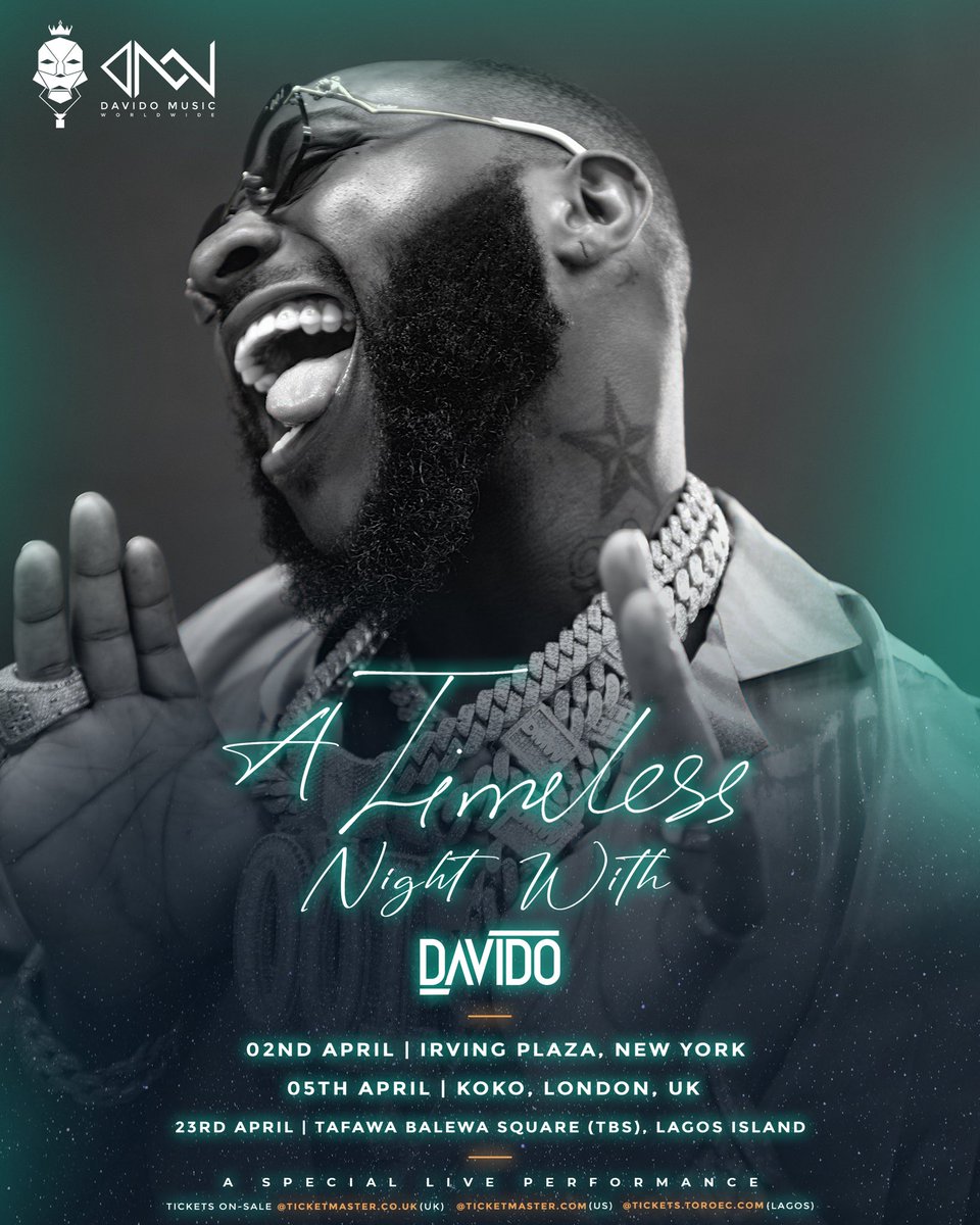 davido's tweet image. The support for TIMELESS so far has been incredible! Thank you for the love. I&apos;m so excited to bring this album to life and share it in person.

LONDON, NEW YORK CITY, LAGOS join me for ‘A Timeless Night&apos; , a special live event, where we&apos;ll make memories that will last forever!
