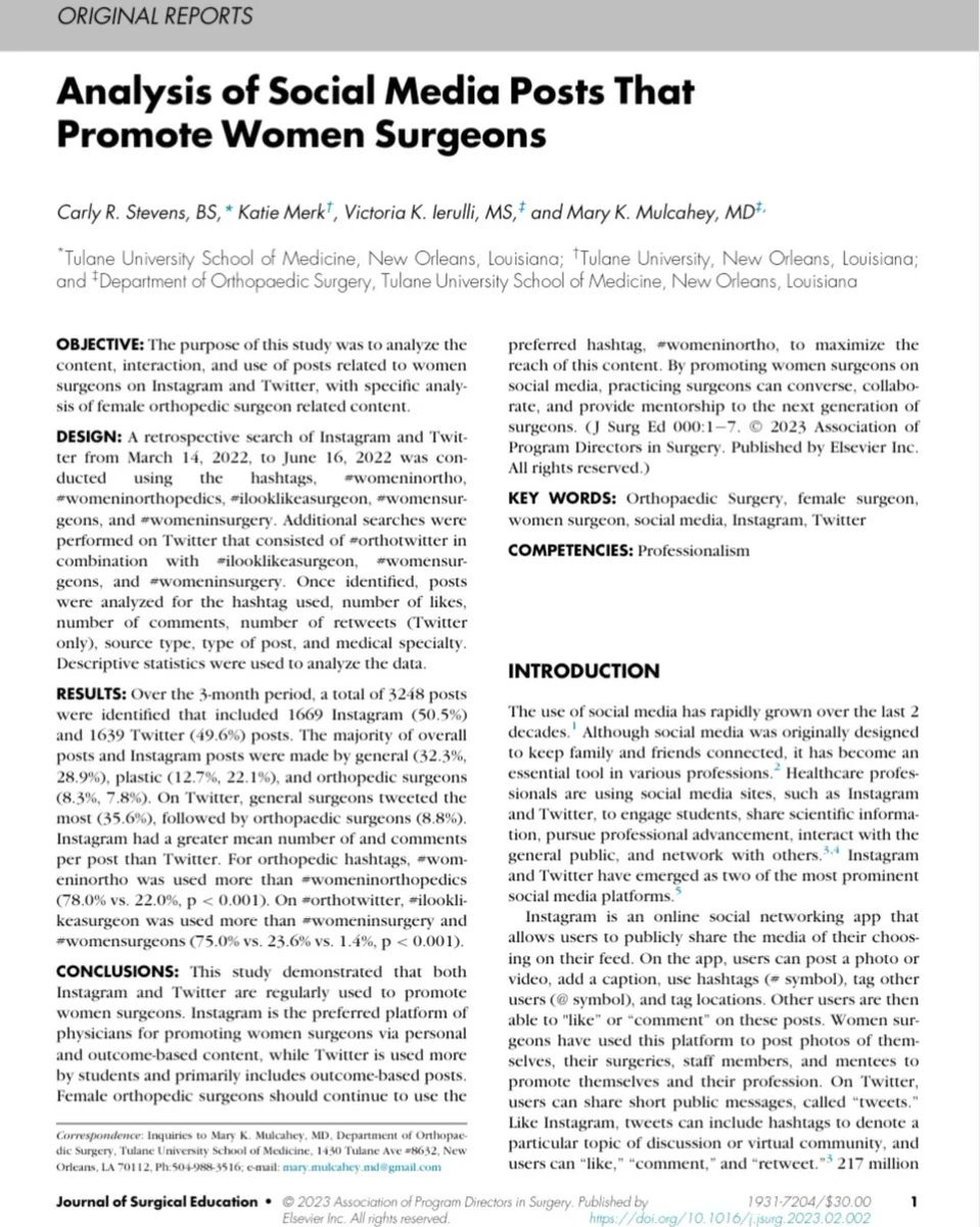Mary Mulcahey (@marykmulcaheymd) on Twitter photo Social media is a tremendous way to support, promote, and advocate for #womeninortho!
sciencedirect.com/science/articlâŠ
#orthotwitter #ilooklikeasurgeon <a href="/RJOSociety/">Ruth Jackson Orthopaedic Society</a> <a href="/OrthoDiversity/">International Orthopaedic Diversity Alliance</a> Social media is a tremendous way to support, promote, and advocate for #womeninortho!
sciencedirect.com/science/articlâŠ
#orthotwitter #ilooklikeasurgeon <a href="/RJOSociety/">Ruth Jackson Orthopaedic Society</a> <a href="/OrthoDiversity/">International Orthopaedic Diversity Alliance</a>