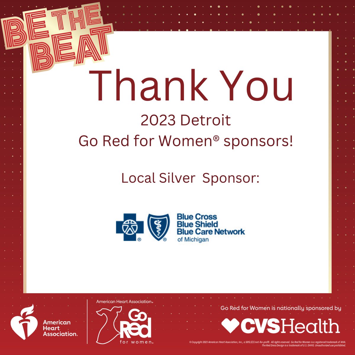 MichiganAHA's tweet photo. Thank you 🙏 #DetroitGoRed local silver sponsor @BCBSM for making our 2023 Go Red for Women experience a success, helping us exceed our fundraising goal and advancing our mission of helping women live longer, healthier lives. ❤️ https://t.co/VPDXvdGrBN