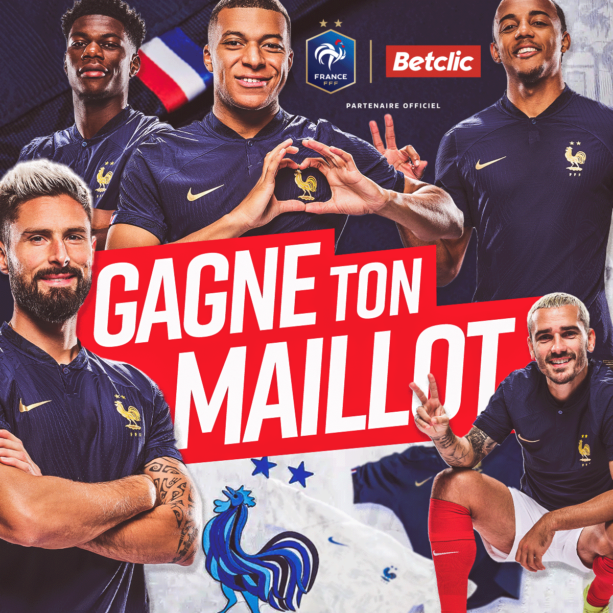 👊 Prêts pour le match des Bleus ce soir ? #FRANED 

On fait gagner 5 maillots de l'<a href="/equipedefrance/">Equipe de France ⭐⭐</a> 🔥 #MonMaillotDesBleusAvecBetclic

🔁 RT + Follow <a href="/Betclic/">Betclic 🔞</a> pour participer