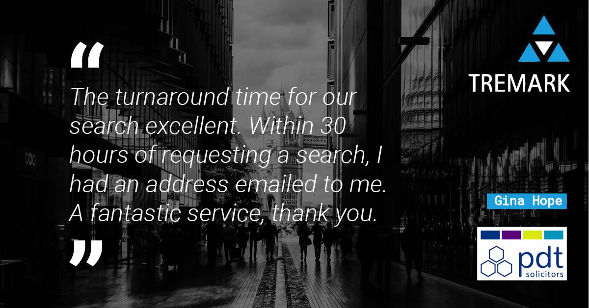 TremarkAssoc's tweet photo. "The turnaround time for our search excellent. Within 30 hours of requesting a search, I had an address emailed to me.  A fantastic service, thank you." - Gina Hope, PDT https://t.co/NGTKlJgFQu