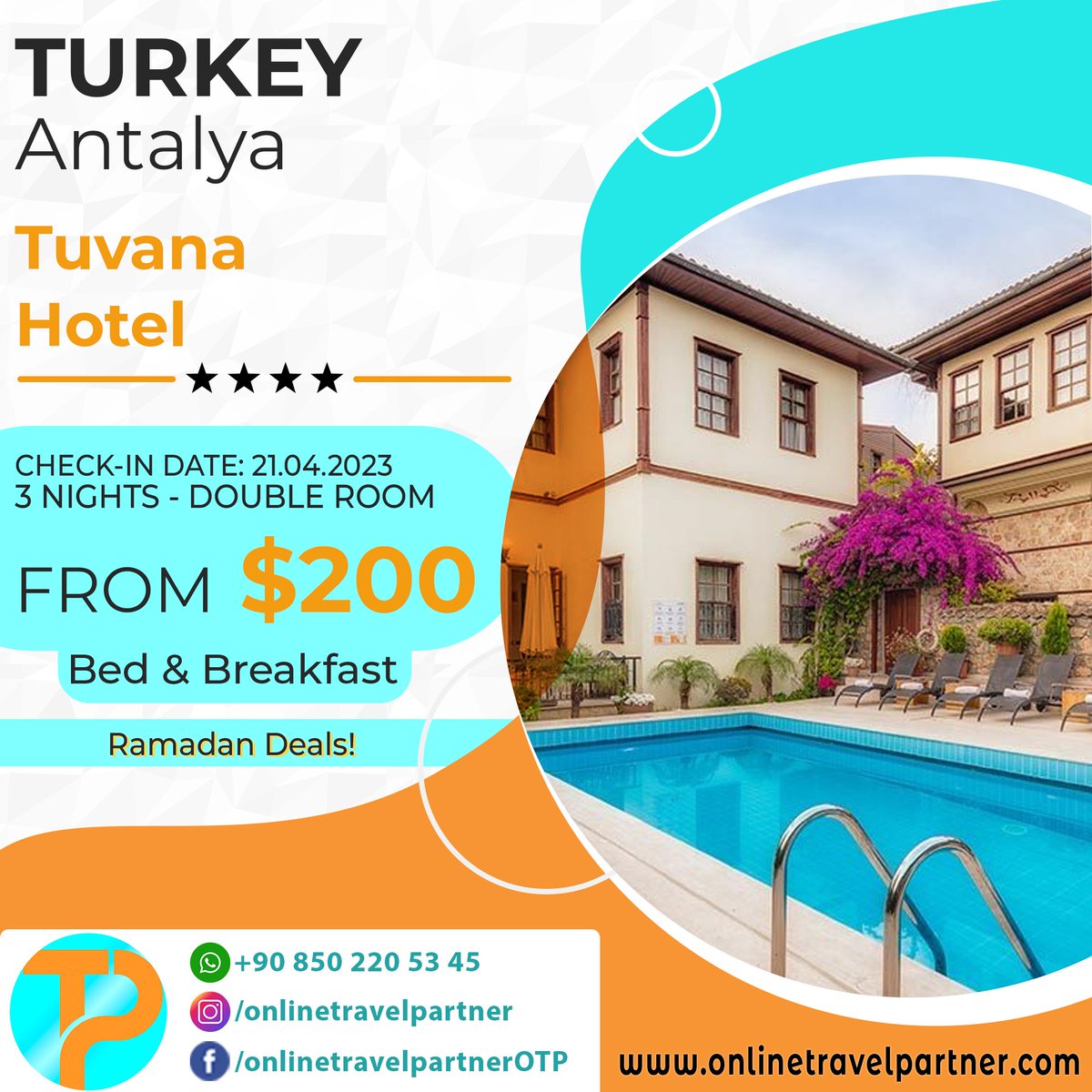 Ramadan Feast opportunities will come like candy!

Sign up for free in our system to browse our affordable hotel options.

Call Center / WhatsApp: +90 850 220 53 45
E-Mail: info@onlinetravelpartner.com
onlinetravelpartner.com

#ramadandeals #deal #ramadan  #hotel #holiday #turkey