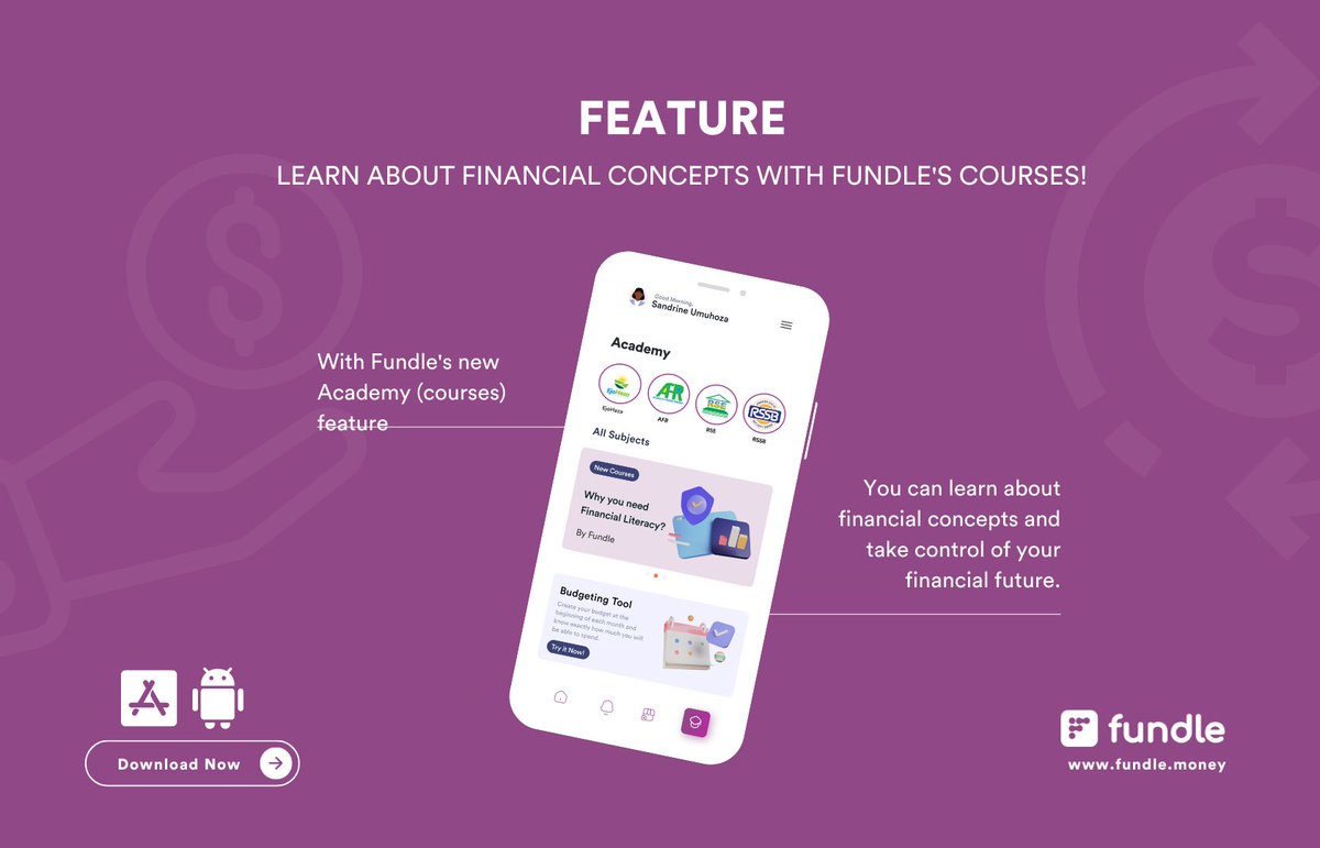 #FEATURE: The Academy feature, provides users with financial education through a series of courses such as budgeting, saving, investing, and managing debt.  
Android: bit.ly/Fundle-Android…  
Apple/iOS: bit.ly/Fundle-Apple?u…   
#Fundle #Financialliteracy #RwOT
