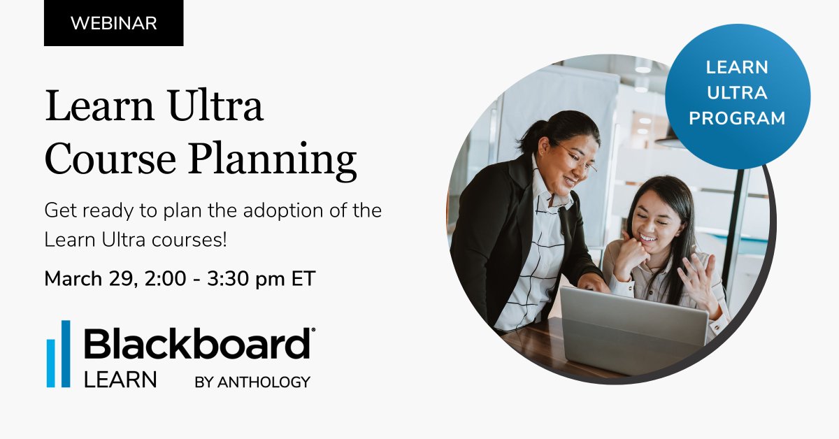 Blackboard's tweet photo. #Blackboard Learn Ultra; a simple, modern course experience that fosters engagement and understanding. Learn how to plan and execute the adoption of Learn Ultra courses in our webinar on March 29.
https://t.co/nb4MTLwBG5
#Educators #Professor #eLearing #LMS #University https://t.co/l9gpDLyIEq