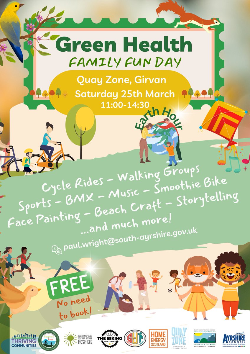 PublicHealthAAA's tweet photo. Why not come along to the Green Health Family Fun Day at the Quay Zone, Girvan, on Saturday, 25th March, between 11am and 2.30pm
All welcome.😃
#thrivingcommunities #biospherebikes #GirvanYouthTrust
#HomeEnergyScotland #QuayZone #BikingExplorers #G&SABioisphere #SAC https://t.co/HOvjYoaOyC