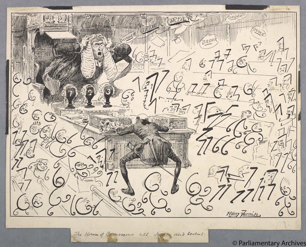 UKParlArchives's tweet photo. Our regular social media followers will know they we’re very fond of the Victorian cartoons we hold. When it got to F in the Archives A-Z countdown it had to be dedicated to Harry Furniss. Here’s one of his more surreal Parliament inspired works titled ‘Sixes &amp; Sevens’. #TowerA-Z https://t.co/IyGSj63rTG