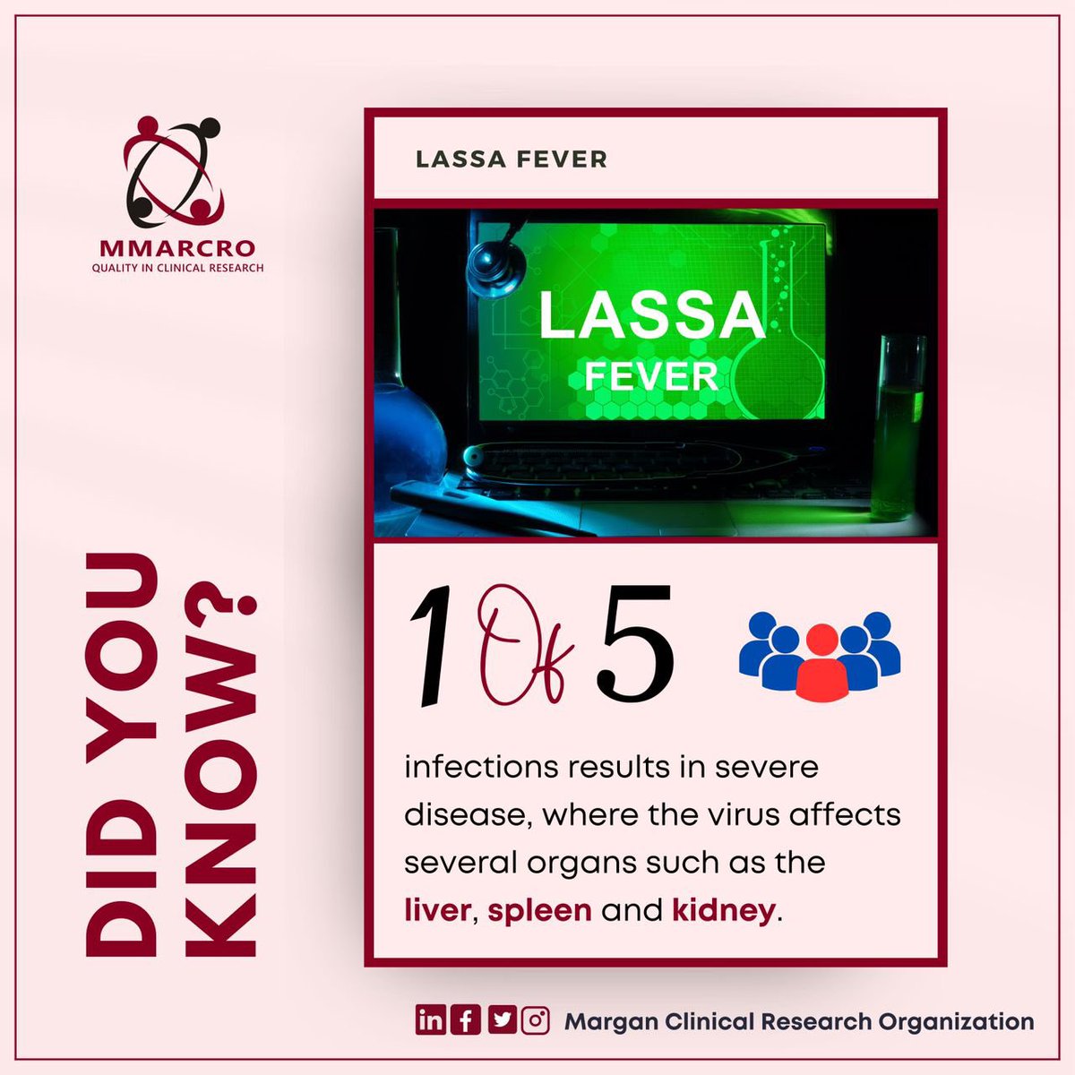 Did You Know?🤔
1 out of 5 Lassa fever infections results in severe disease, where the virus affects several organs such as the liver, spleen and kidney.

#mmarcro #margancro #lassafever #lassafeverawareness
