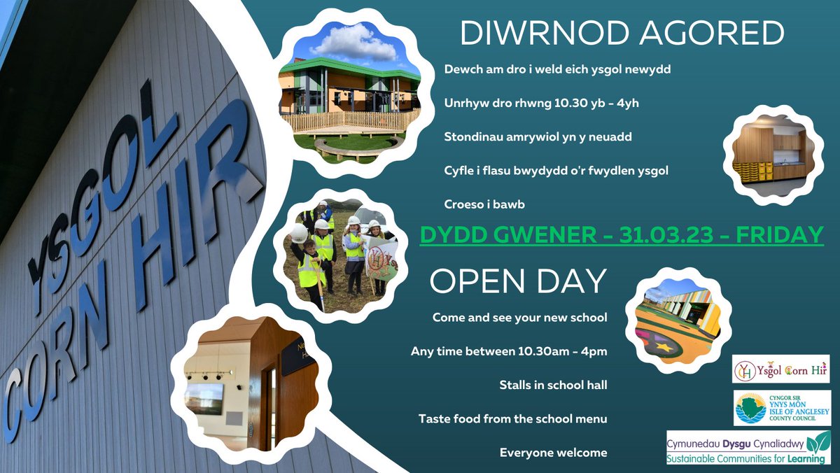 angleseycouncil's tweet photo. Open Day at the new @YsgolCornHir !
31.3.23. More details on the poster below.

@MonFMRadio @BBCCymruFyw @llinos_medi @Ieuan65 @NicolaCanolMon @DylanWynRees @Geraint_Bebb @GyfunYsgol @WelshGovernment @Addysg_Cymraeg https://t.co/kaEIv42A0e