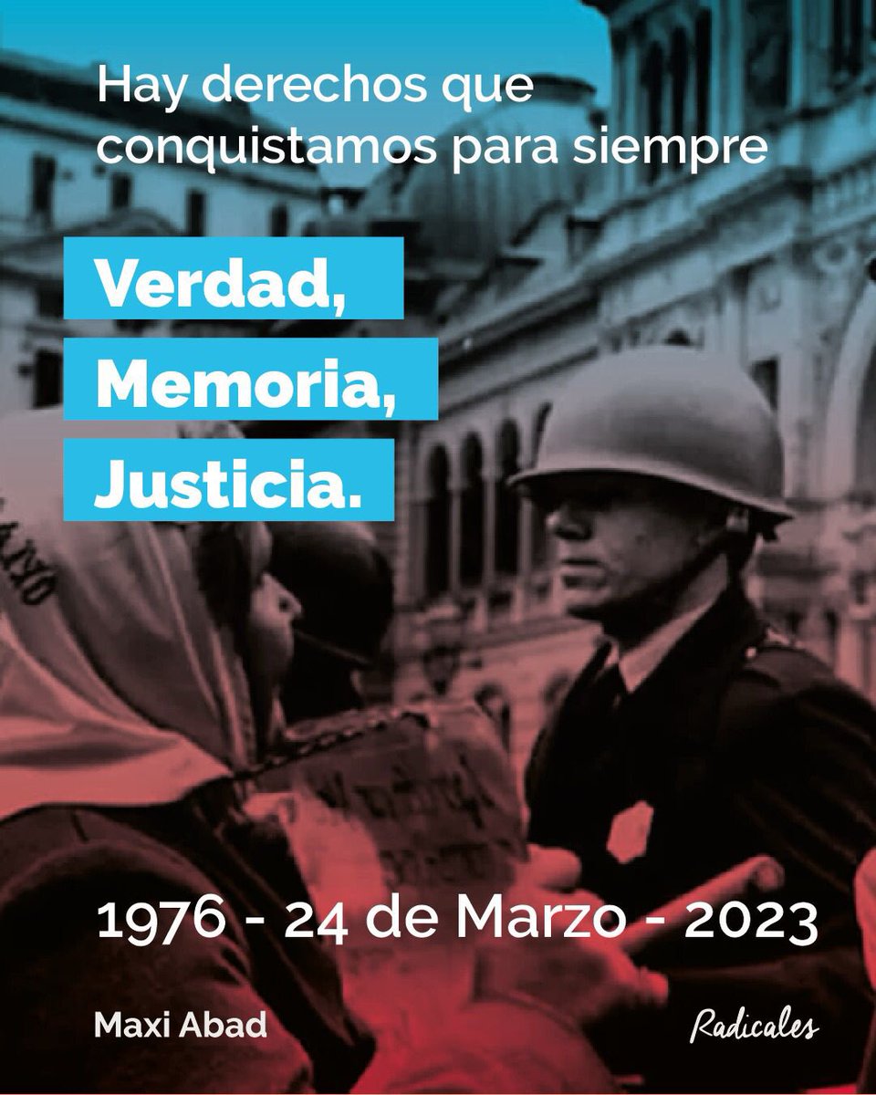 MaxiAbad's tweet photo. 24 de Marzo. Hoy y todos los días defendamos y revaloricemos nuestra Democracia. La verdad, la memoria y la justicia son los elementos fundacionales de toda sociedad que quiere seguir fortaleciendo su sistema democrático. 

#NuncaMás https://t.co/fO2c7EZ4wT