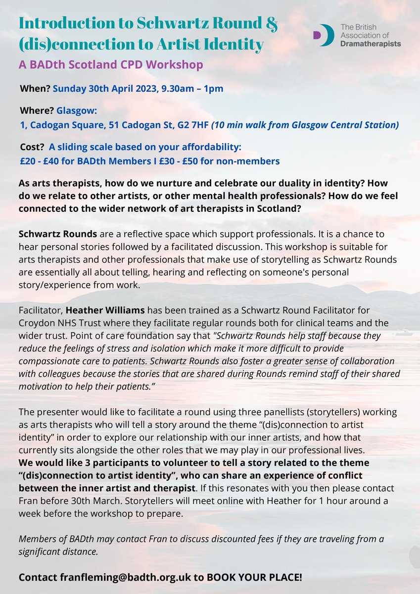 badthofficial's tweet photo. EVENT:

Introduction to Schwartz Round &amp; (dis)connection to Artist Identity - A BADth Scotland CPD Workshop - Sunday 30th April, 9.30am - 1.00 pm, Glasgow:

https://t.co/83f7ynmQR2 https://t.co/Gebk0ZSRcr
