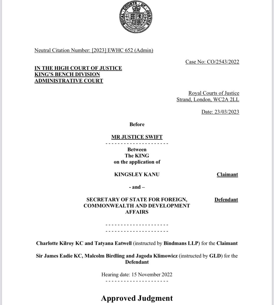 AloyEjimakor's tweet photo. ‘I note that Kanu was awarded substantial damages by the High Court of Abia State in respect of the events of 10 September 2017 &amp; by the Federal High Court for what happened in Kenya in June 2021’ - Mr Justice Swift, UK High Court, 23rd March, 2023. https://t.co/PhQiULWq8B