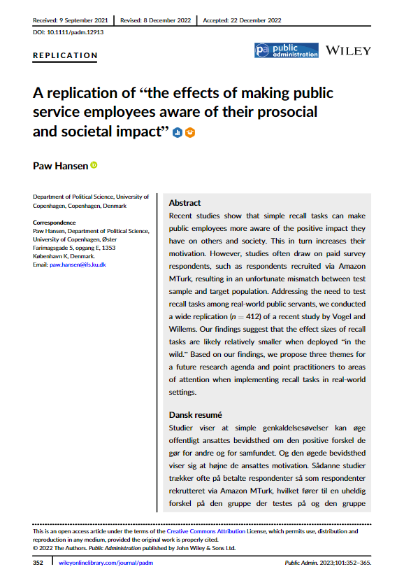 PawHHansen's tweet photo. Fancy a replication study? Public Admin scholars often develop and test new interventions on paid subjects, such as those recruited via MTurk. But how well do such interventions fare among real-world samples of public servants? 

A: We should probably be cautious. @journal_pa https://t.co/vZxxTYeIYz