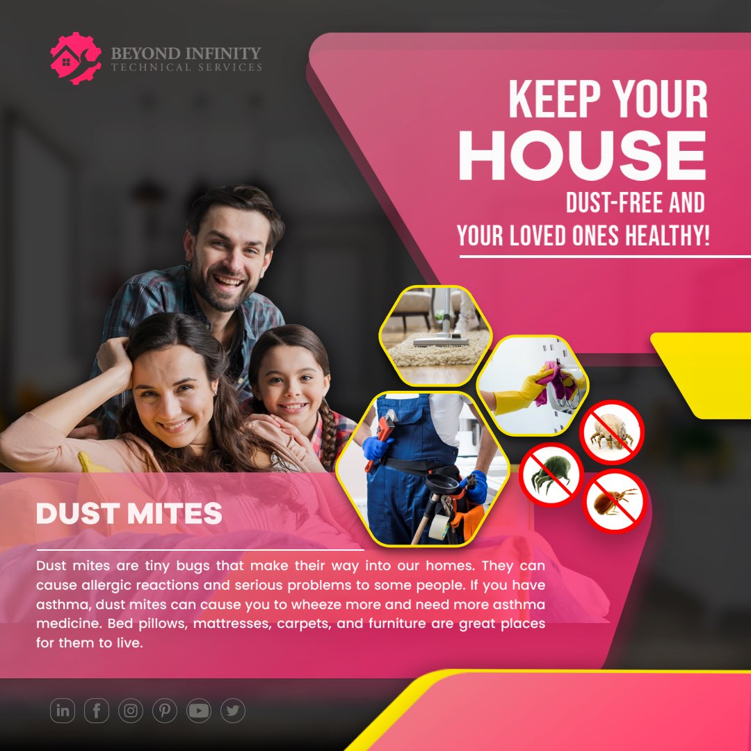 The place you spend 1/3 of your life in, with millions of Dust Mites, infestations are really a cause of concern.

Connect with us:
+971 04 2391793 | info@beyondinfinitytechnical.com
🌐 beyondinfinitytechnical.com

#dubaihomemaintenance #homecleaningdubai #beyondinfinitytechnical