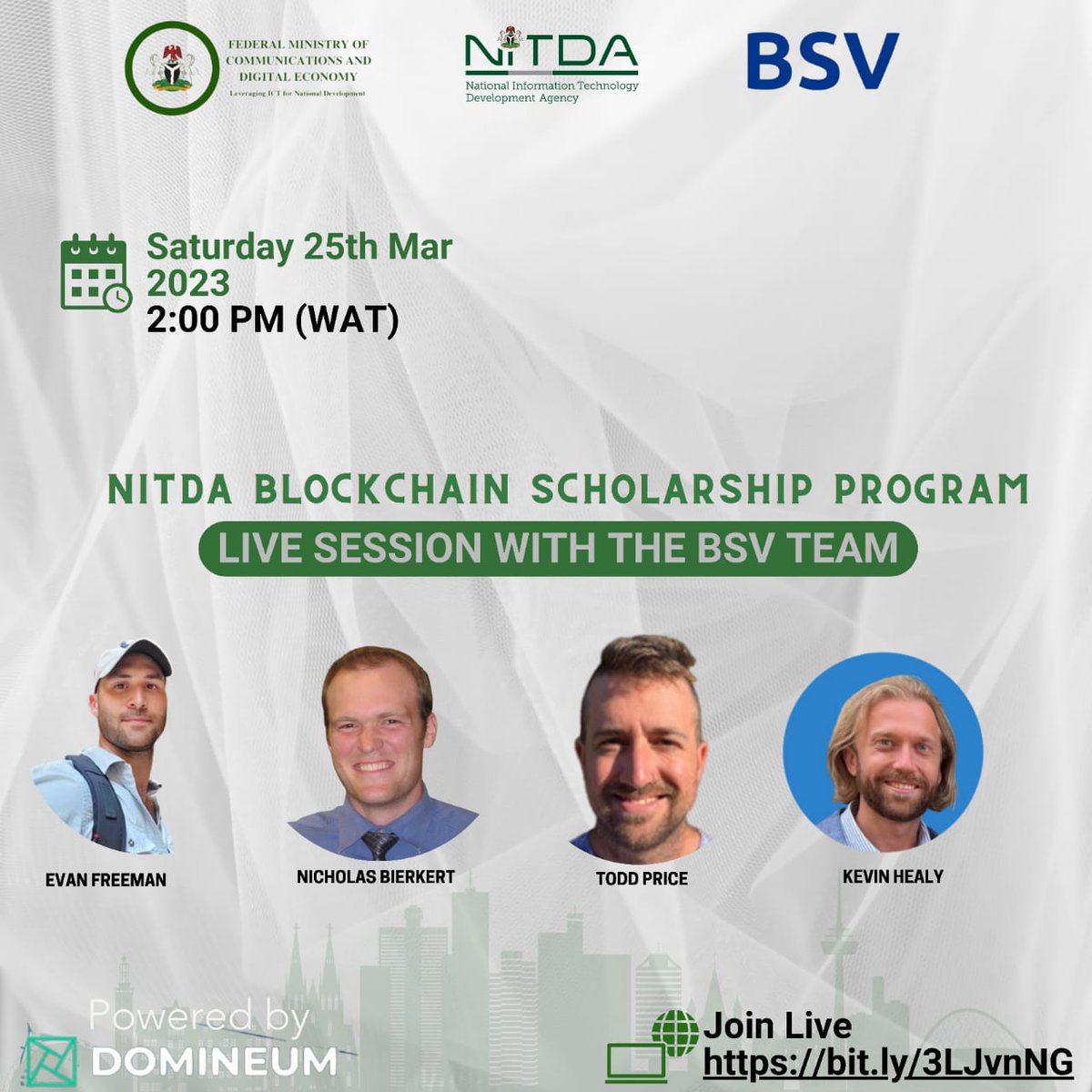 SimpliHarry's tweet photo. Tomorrow's Live session will feature the @BSVBlockchain team. They will be discussing the #nitdablockchainScholarship and the opportunities in the BSV Ecosystem.

Don't miss it for anything.
#nitdablockchain #domineum #BSV #nitdablockchainaccepted #NitdaBlockchainProjects #NITDA https://t.co/QOYMNJaYPy