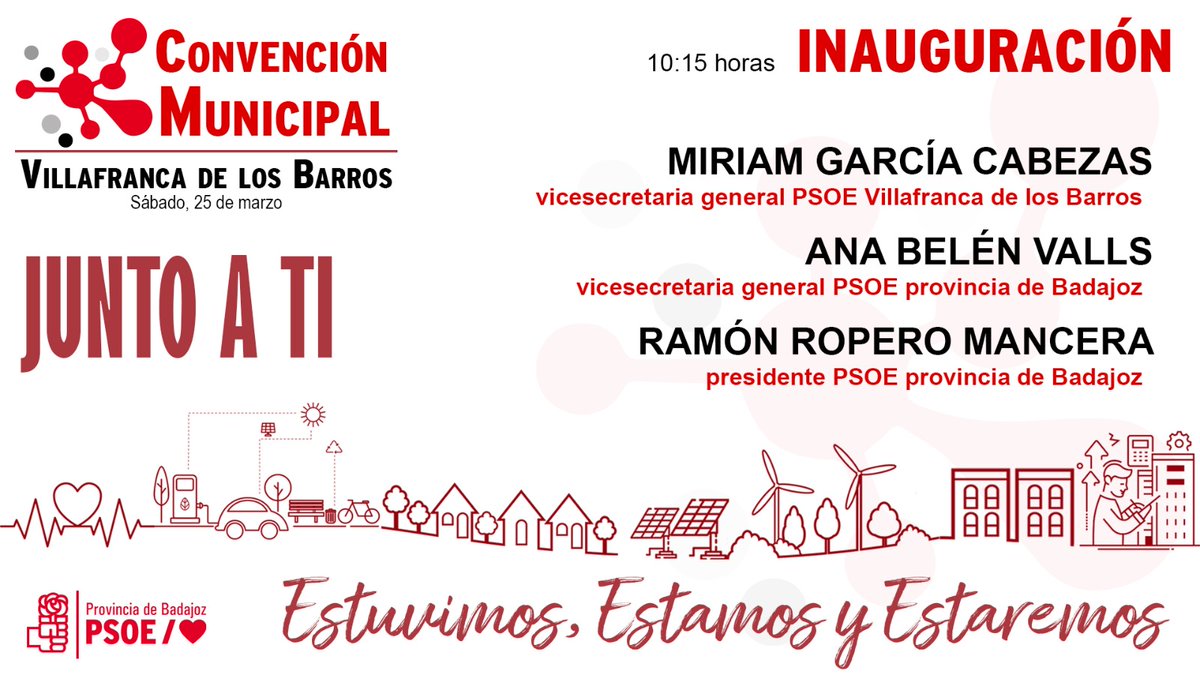 📲  Convención Municipal Villafranca de los Barros_ 🏫

Inauguración a las 10.15 horas de la mañana con:

🌹@miriamgcab 
🌹@anabvalls
🌹@Ramon_Ropero

❤️ Estuvimos ❤️ Estamos  ❤️ Estaremos 

#Ex3💚🤍🖤