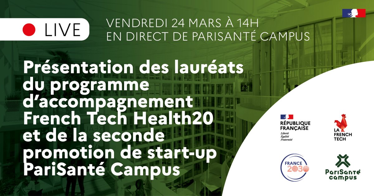 PariSanté Campus (@parisantecampus) on Twitter photo ⏰ Rendez-vous à 14h pour la présentation des lauréats du programme d'accompagnement <a href="/LaFrenchTech/">La French Tech</a> #Heatlh20 et de la 2nd promotion de start-up PariSanté Campus
🔸En présence de <a href="/jnbarrot/">Jean-Noël Barrot</a> <a href="/ClaraChappaz/">Clara Chappaz</a> <a href="/AntoineTesniere/">Pr Antoine Tesniere</a> <a href="/LiseAlter/">Lise Alter</a>
💻 linkedin.com/events/7043980… ⏰ Rendez-vous à 14h pour la présentation des lauréats du programme d'accompagnement <a href="/LaFrenchTech/">La French Tech</a> #Heatlh20 et de la 2nd promotion de start-up PariSanté Campus
🔸En présence de <a href="/jnbarrot/">Jean-Noël Barrot</a> <a href="/ClaraChappaz/">Clara Chappaz</a> <a href="/AntoineTesniere/">Pr Antoine Tesniere</a> <a href="/LiseAlter/">Lise Alter</a>
💻 linkedin.com/events/7043980…