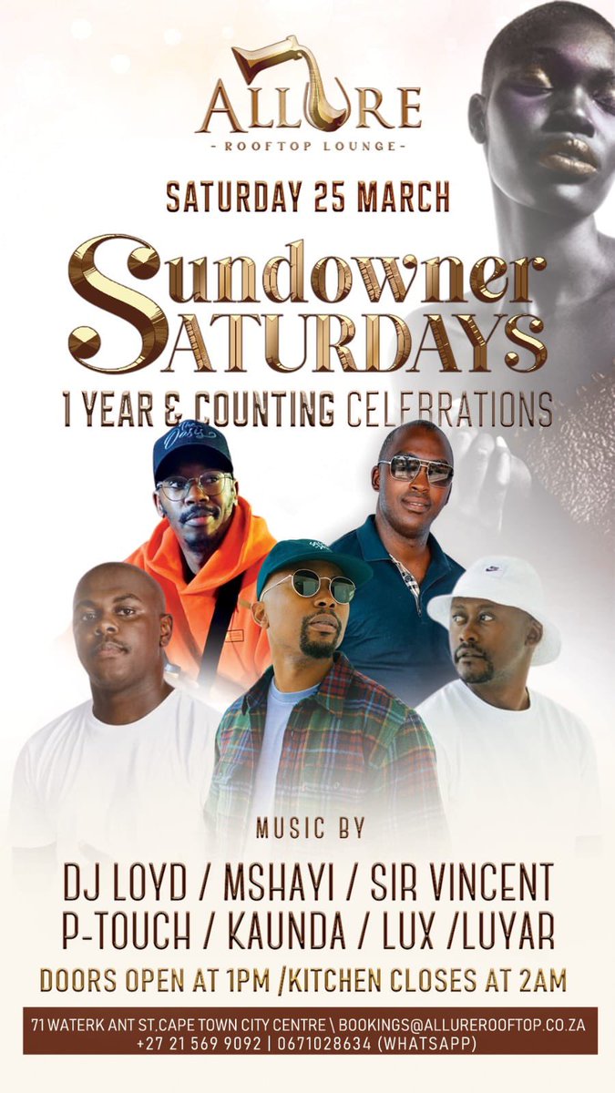 It’s beautiful views and vibes <a href="/AllureRooftop/">Allure Rooftop</a> this Saturday, hope I have lured you to joining us!! <a href="/SirVincentSA/">SirVincent</a> 
<a href="/Mshayi_Mbeki/">M</a> 
<a href="/DJLOYD/">Loyiso “LOYD” Mdebuka</a> 
<a href="/KaundaMuzical/">PATRON KAUNDA</a> 

#AllureRoofTopLounge #PTouch #CapeTown #PositiveTouch
#PositiveVibes #SaturdayNight