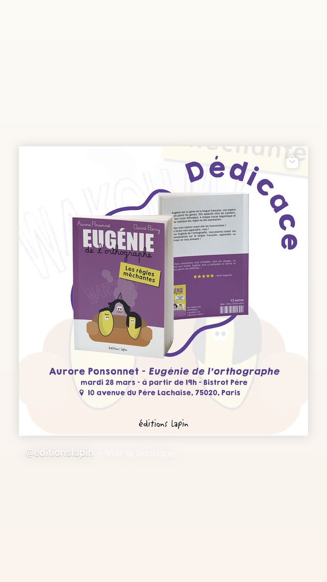 APonsonnet's tweet image. Coucou ! Qui va passer mardi soir pour avoir une dédicace ? 😎
Des livres seront à vendre sur place.
#Eugénie #orthographe #dédicaces 

Hélas, @DBerryPatates ne sera pas là. 😢