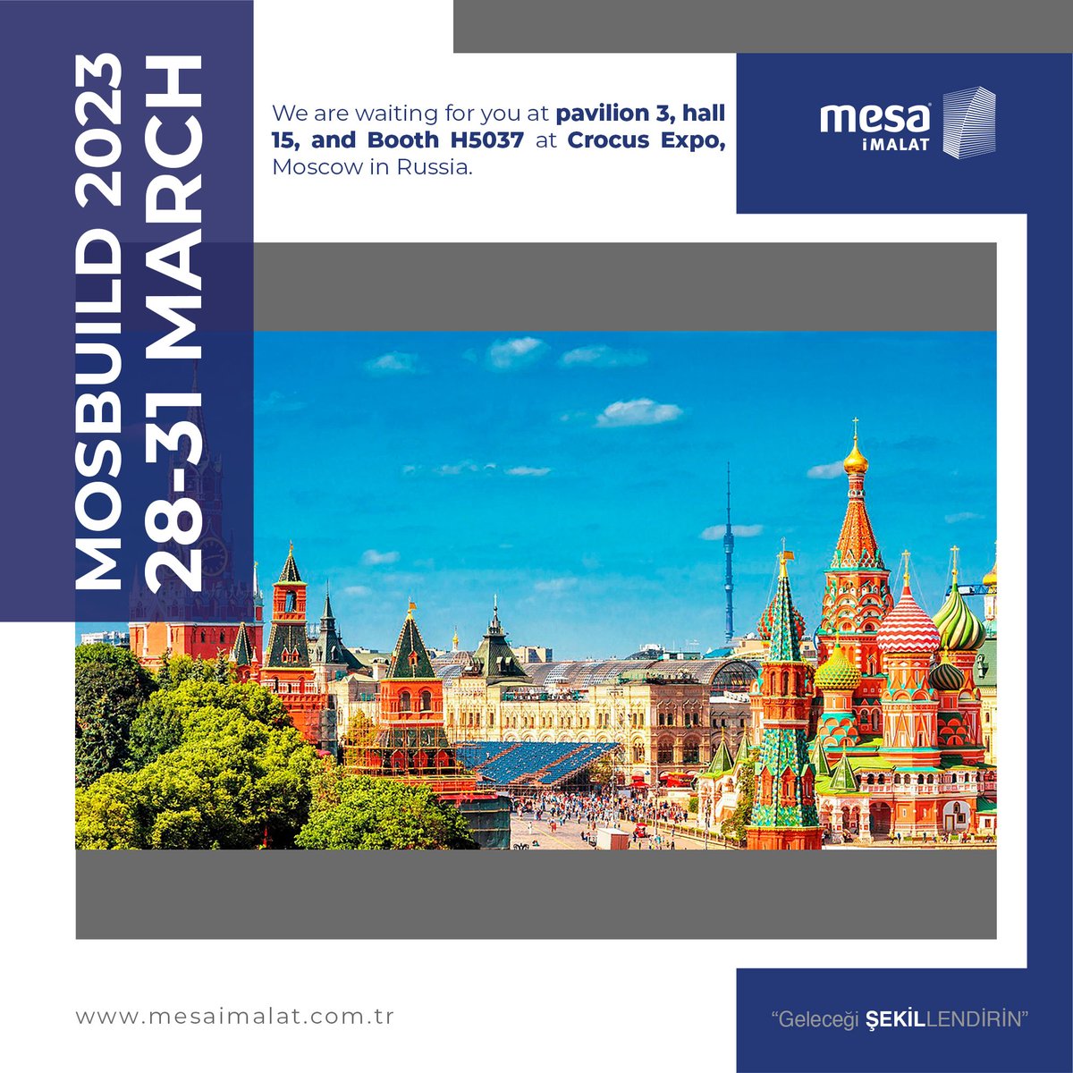 We will be participating in Mosbuild 2023 in Moscow, Russia! Visit us at Crocus Expo, pavilion 3, hall 15, booth H5037. See you there!

#Mosbuil2023 #exhibition #Moscow