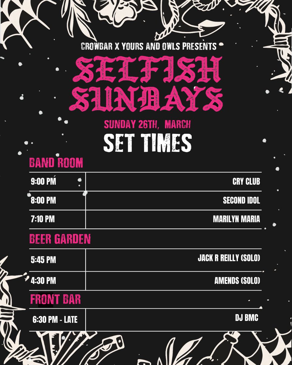 SECOND IDOL (@second_idol) on Twitter photo ❤️🔥SELFISH SUNDAYS set times are here❤️🔥
ICYMI <a href="/cry_club/">⚡️ CRY CLUB ⚡️</a> dropped a new single so get on it 🔥 👏
Drink specials 5-8pm. FREE ENTRY via RSVP: bit.ly/3TsLq4E
See you there and GET OUT AND VOTE TOMORROW NSW FRIENDS ☑️
Thx <a href="/YoursandOwls/">Yours & Owls</a> <a href="/CrowbarSyd/">Crowbar Sydney</a>
📷 Nova Farrell ❤️🔥SELFISH SUNDAYS set times are here❤️🔥
ICYMI <a href="/cry_club/">⚡️ CRY CLUB ⚡️</a> dropped a new single so get on it 🔥 👏
Drink specials 5-8pm. FREE ENTRY via RSVP: bit.ly/3TsLq4E
See you there and GET OUT AND VOTE TOMORROW NSW FRIENDS ☑️
Thx <a href="/YoursandOwls/">Yours & Owls</a> <a href="/CrowbarSyd/">Crowbar Sydney</a>
📷 Nova Farrell