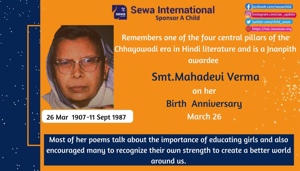 child_sewa's tweet photo. #OTD, we remember the lines of Jnanpith Awardee Smt. Mahadevi Verma  'शिक्षा ही वह उपकरण है, जो हमें सम्पूर्ण विश्व का ज्ञान प्रदान कर सकता है।' ('Education is the tool that can provide us with knowledge of the entire world.') 
#MahadeviVerma #Education #Poetry #JnanpithAward https://t.co/VEi6T3BTCC