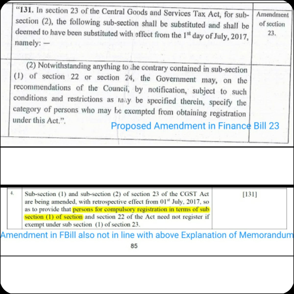 #Section23 #FinBillAmendment
Perception after Initially Subs Sec 23:-
No requirement for obtaining reg. for person dealing wholly in exempt G&S,EVEN IF HE IS LIABLE FOR RCM(immunity from S.22 & 24)

Amendment:
Non-Obstante immunity shifted to subsec 2 i.e. only to Notified Cases!