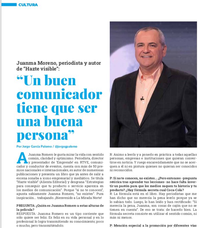 jorgegpalomo's tweet photo. ✍️¡Un honor y un placer entrevistar al gran @jromero_tv de @emprendeTVE!📺🎙 #GRACIAS

¡LINK!👉https://t.co/zRSRg4Sg92

📚Atentos a su libro @_haztevisible... «Estrategias para conseguir que tu producto o servicio aparezca en los medios de #comunicación».🔝

📰Para @MiradaNorte. https://t.co/BLRn7G8apo
