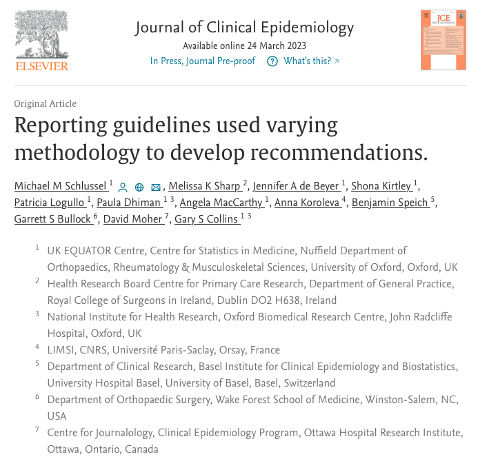 NEW PAPER (led by <a href="/m_schlussel/">Michael Schlussel</a>) in <a href="/JClinEpi/">Journal of Clinical Epidemiology</a>  

"Reporting guidelines used varying methodology to develop recommendations" 

--&gt; tinyurl.com/ykv9nnzw

#transparency #OpenScience #researchwaste #OpenAccess