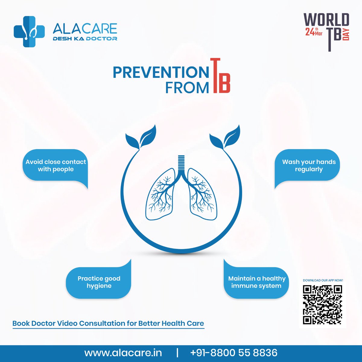 Tuberculosis (TB) is a Serious Infectious Disease Caused by a Bacterium that Primarily Affects the Lungs. Consult with Our Expert Doctors for Better Treatment.
#WorldTBDay #deshkadoctor #alacare #WorldTuberculosisDay #Tuberculosis #Bacteria  #startup #Awareness #healthcare