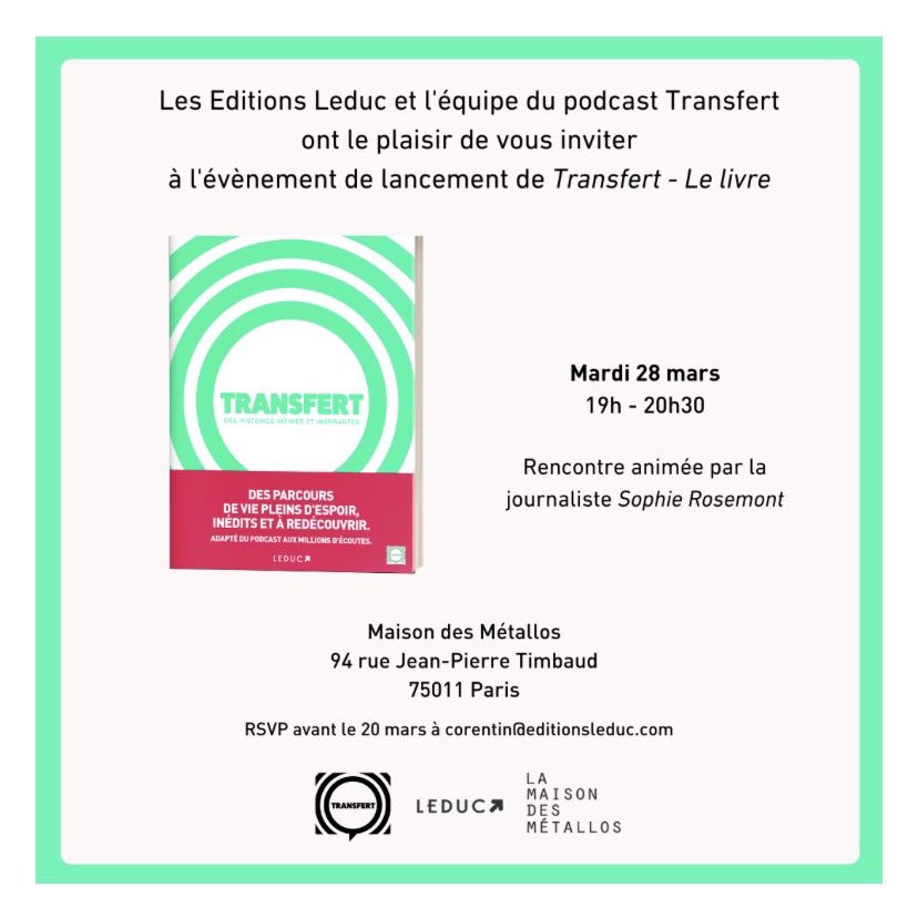 À l’occasion de la parution de l’adaptation en livre du podcast #Transfert by <a href="/Slatefr/">Slate.fr</a> le 28 mars. Rdv le 28 mars <a href="/MaisonMetallos/">Maison des Métallos</a> à 19h pour une rencontre avec l’équipe directionnelle du podcast, dirigée par la formidable <a href="/SophieRosemont/">Sophie Rosemont</a> ! Sur inscription jusqu’au 27 mars ! 😊